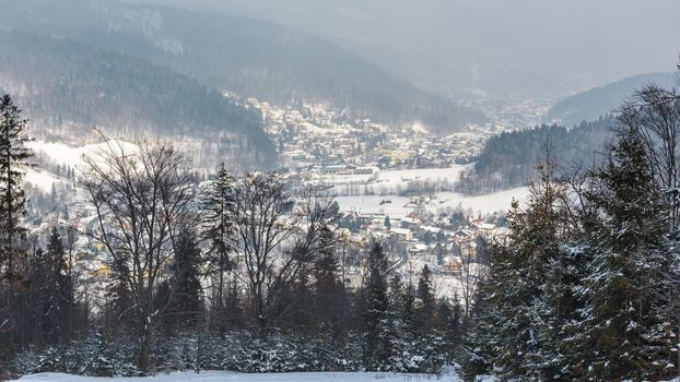 Panoramiv winter view of Beskid Mountains in Szczyrk, Poland