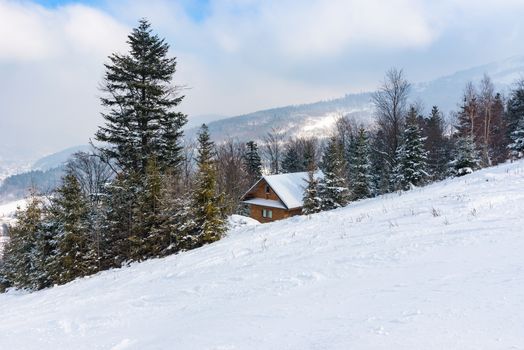 Wooden cottage in a snowy mountains, Szczyrk, Poland