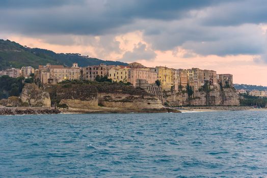 Evening view of Tropea town in Calabria, Italy