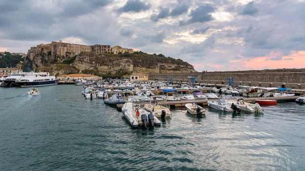 Evening view of port in Tropea town in Calabria, Italy