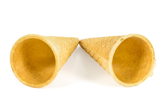 Two empty ice cream cones isolated on white background with clipping path