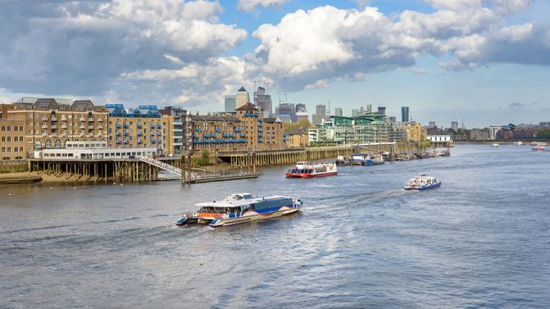 Boats on River Thames in London, United Kingdom