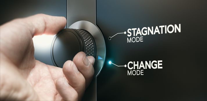 Man turning a switch to overcome stagnation and to take the opportunity of a career evolution. Composite image between a hand photography and a 3D background.