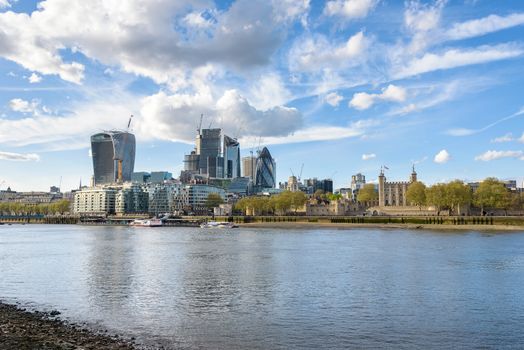 Skyline of London with Tower of London and City buildings