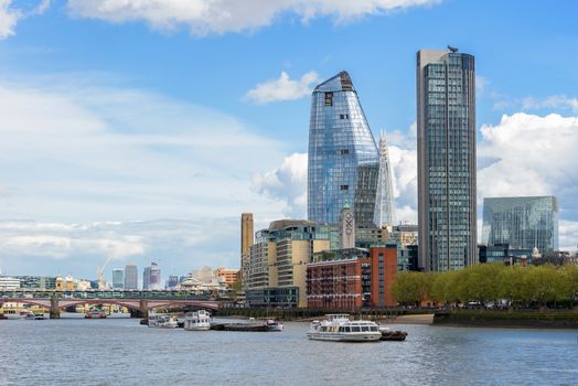 Panorama of south bank of the Thames River in central London, UK