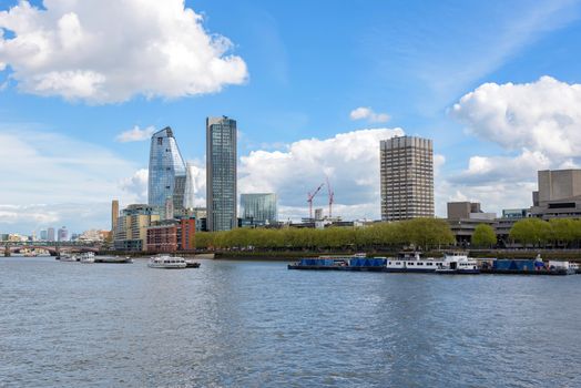 Panorama of south bank of the Thames River in central London, UK