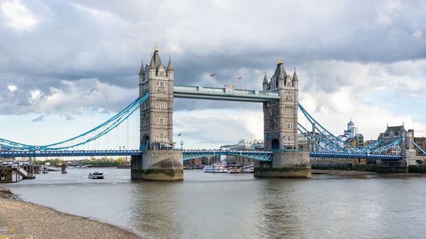 Panoramic view of Tower Bridge, bascule and suspension bridge in London, UK