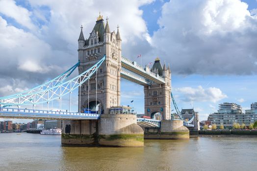 View of Tower Bridge, bascule and suspension bridge in London, UK