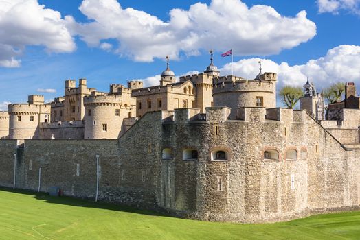 Architecture of Tower of London, medieval prison and famous landmark of british capital