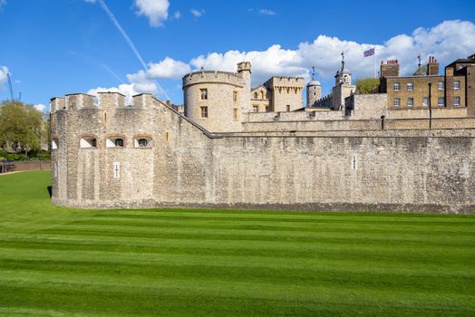 Architecture of Tower of London, medieval prison and famous landmark of british capital