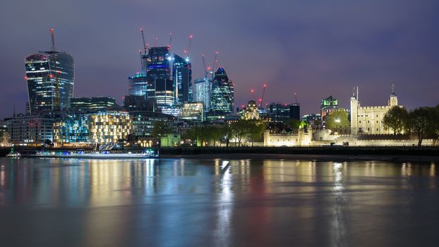 Colorful London skyline at cloudy night, United Kingdom