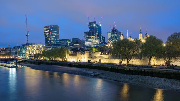 Colorful London skyline at cloudy night, United Kingdom