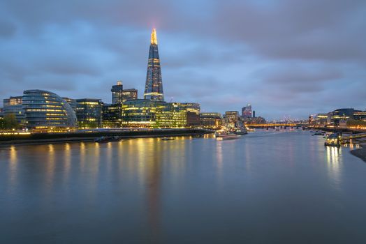 View of River Thames in London at dusk on a cloudy day, United Kingdom