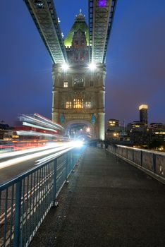 Tower Bridge with motion blurred car lights in London