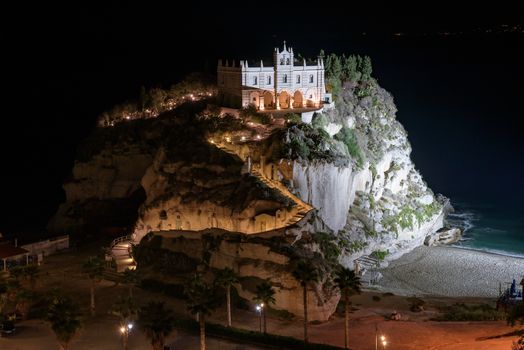 Sanctuary of Santa Maria Island in Tropea by night, Calabria, Italy