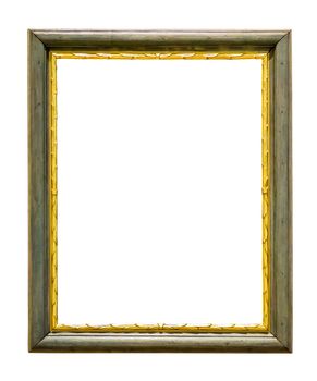 Green wooden picture frame with golden decorations isolated on white background with clipping path