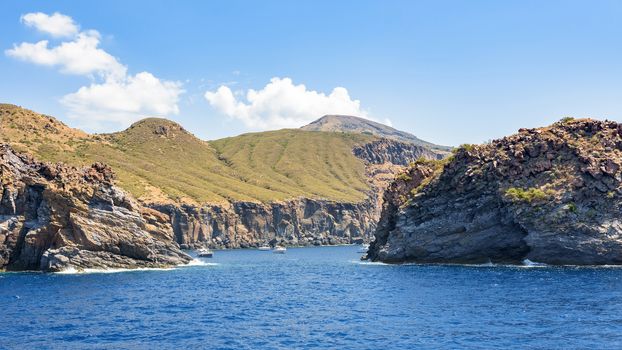 Yachts at the picturesque bay at Vulcano Island, Aeolian Island, Italy