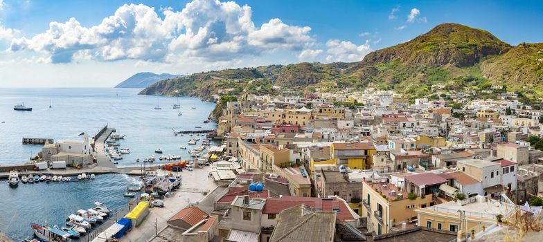 Panoramic view of Marina Corta in Lipari town, Aeolian Islands, Italy