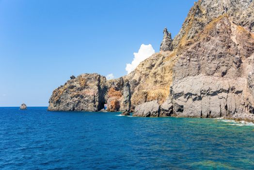 Rock formations at the coast of Lipari Island, Aeolian Islands, Italy