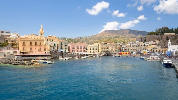 Panoramic view of Marina Corta in Lipari town, Aeolian Islands, Italy