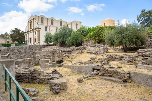 Ruins of the ancient huts and the Church of the Immaculate in Lipari, Aeolian Islands, Italy
