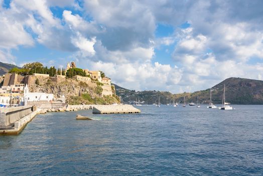 View of the Castle rock on Lipari Island, Aeolian Islands, Italy