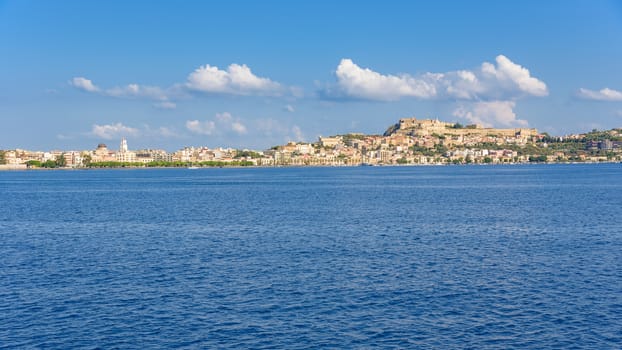 Panoramic view of Milazzo town from the sea, Sicily, Italy