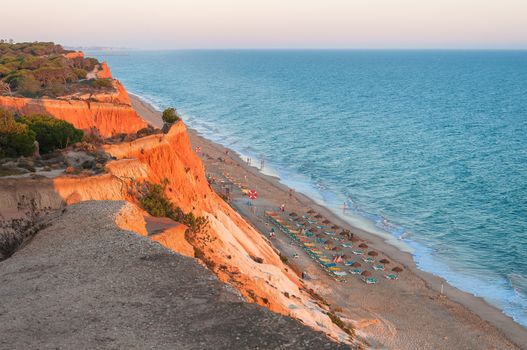 Beautiful Falesia Beach in Portugal seen from the cliff at sunset. Algarve, Portugal