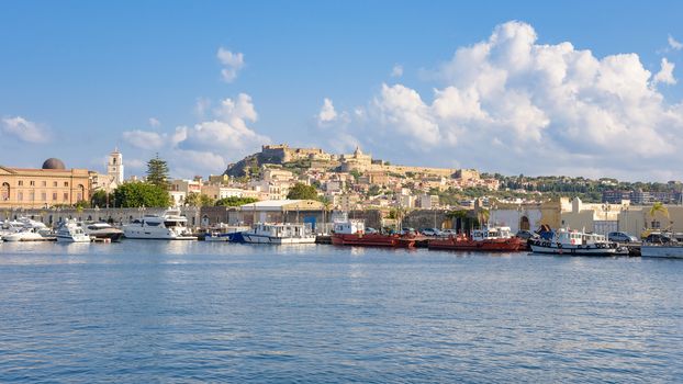 Panoramic view of Milazzo town from the sea, Sicily, Italy