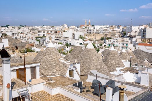 Panoramic view of famous Alberobello town with trulli houses and their conical roofs