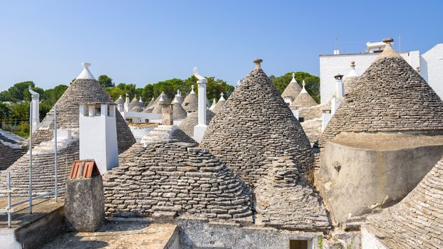 View of conical rooftops of the famous trullis in Alberobello, Apulia, Italy