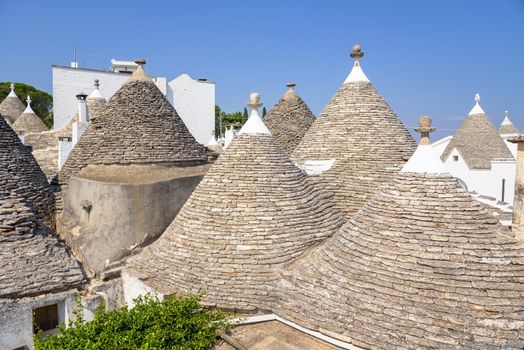 View of conical rooftops of the famous trullis in Alberobello, Apulia, Italy