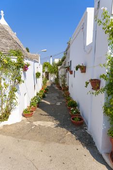 View of narrow picturesque street in Alberobello town, Apulia, Italy