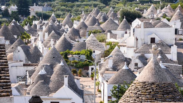 Panoramic view of the roofs of famous Alberobello's trulli, Apulia, Italy