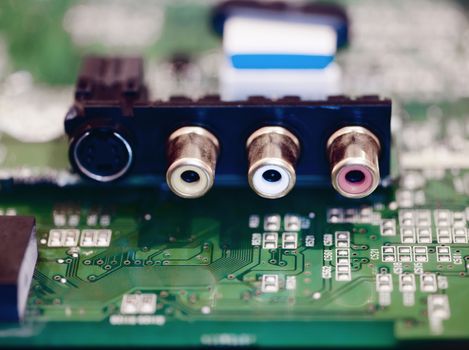 Closeup of a sound card inputs