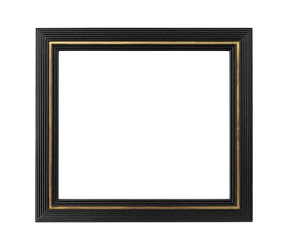 Black wooden picture frame with golden decoration isolated on white background with clipping path