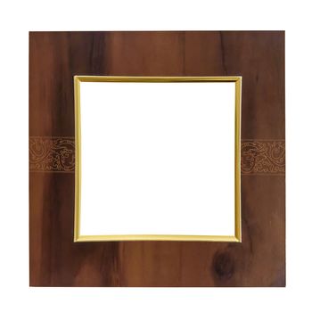 Square wooden picture frame with golden decorations isolated on white background with clipping path
