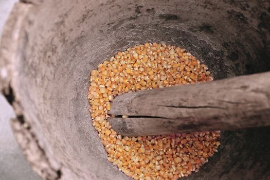 Corn being grinded with mortar and pestle made of wood to produce flour. This method has been in use for many thousand years