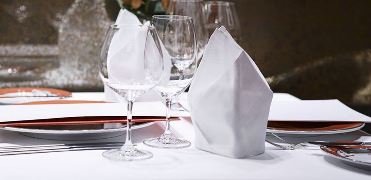 Formal dining table set up in luxury restaurant