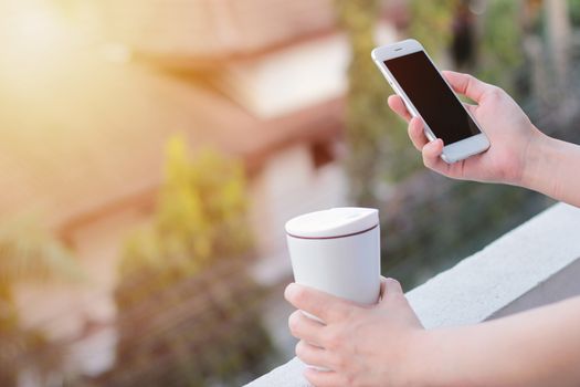 Close up of woman hands using smartphone and holding thermos mug, copy space with sunlight