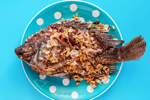 Delicious fried Tilapia fish in polka dot plate on blue background for tasty food concept