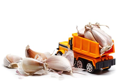 A yellow toy dump truck with garlic on white background for food and transportation concept