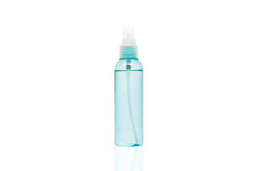 sanitizer alcohol spray in transparent plastic bottle spray injection isolated on white background for disinfection, prevent spread of germs during infection of COVID-19 Coronavirus outbreak situation