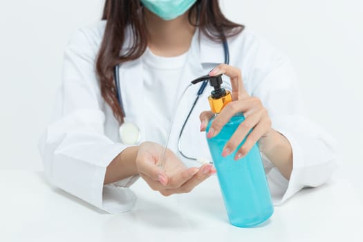 doctor and medical staff washing hand by hand sanitizer alcohol gel for cleaning, hygiene and disinfection, prevent of spreading of germs during infections of COVID-19 Coronavirus outbreak situation