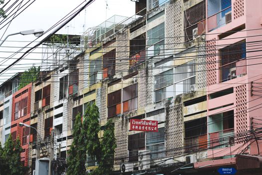 Empty apartment buildings in Yaowarat Road or Chinatown in Bangkok City Thailand during the home quarantine and lock down due to the covid-19 pandemic
