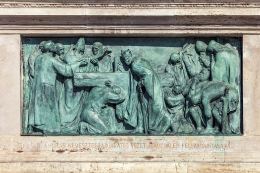 Budapest, HUNGARY - FEBRUARY 15, 2015 - Bronze bas-relief with scene from Hungarian history in Heroes square