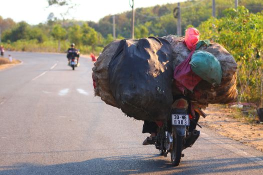 Editorial. A Vietnamese motorbike driver overloaded with cargo
