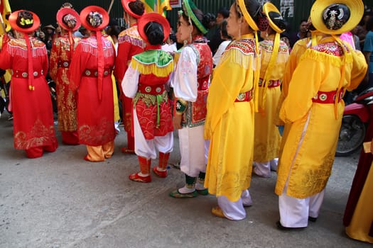 Street parade during the traditional Dong Ky Firecracker Festival (Hoi Phao Dong Ky) in Bac Ninh Vietnam