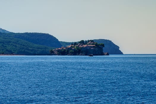 St. Stephen's island off the coast of Montenegro, view from the sea but with a background of water and sky