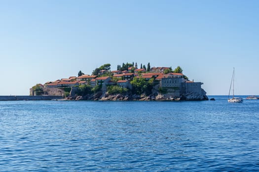 St. Stephen's island off the coast of Montenegro, view from the sea but with a background of water and sky